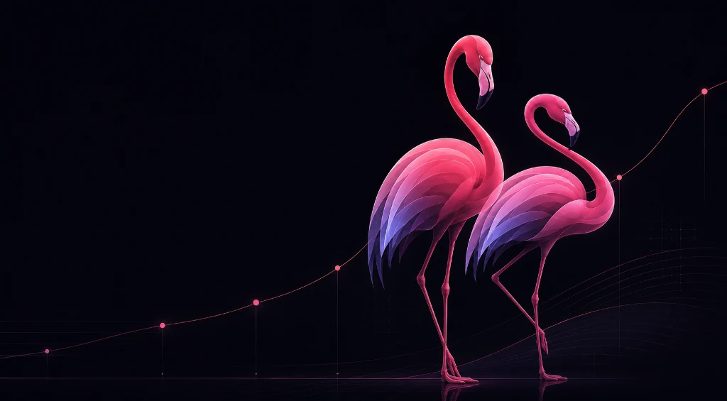 Two Deciphire flamingos beside a rising chart