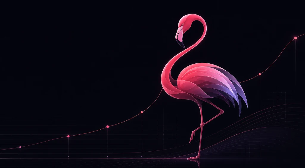Deciphire flamingo standing beside a rising line of data points