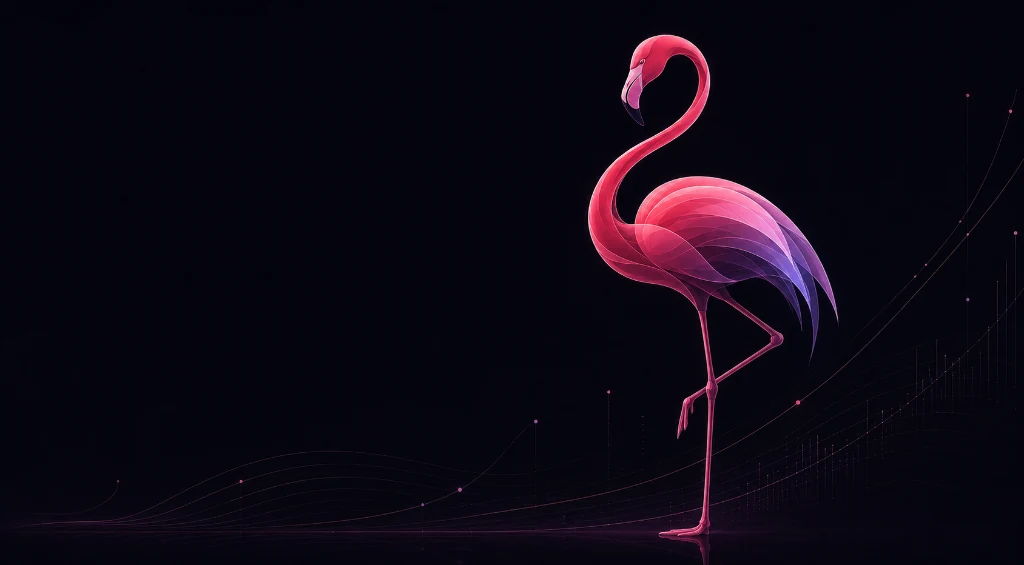Tall Deciphire flamingo above a rising chart line
