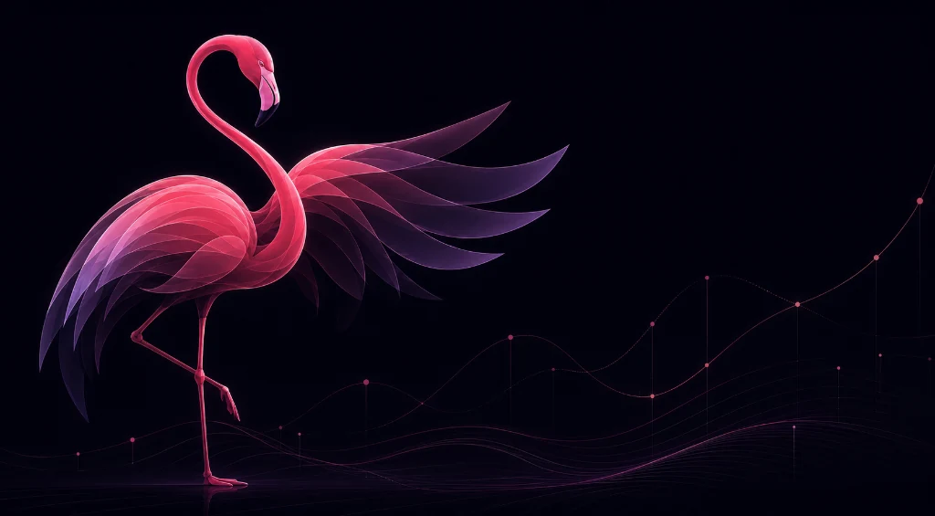 Deciphire flamingo with open wings over a chart